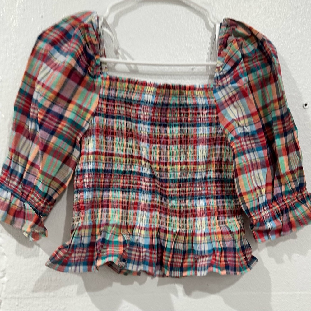 Tommy Hilfiger Red and Blue Puff Sleeve Blouse